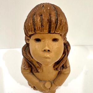 Vintage Lee Bortin Figurine Sad Scary Creepy Girl Holding Teddy Bear 10" Clay